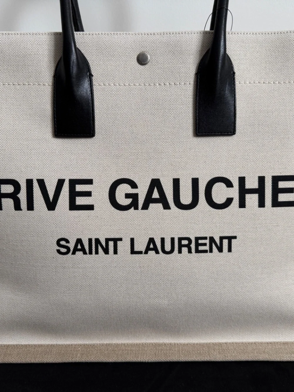 Saint Laurent YSL Rive Gauche White Black Canvas Logo Leather Tote Bag